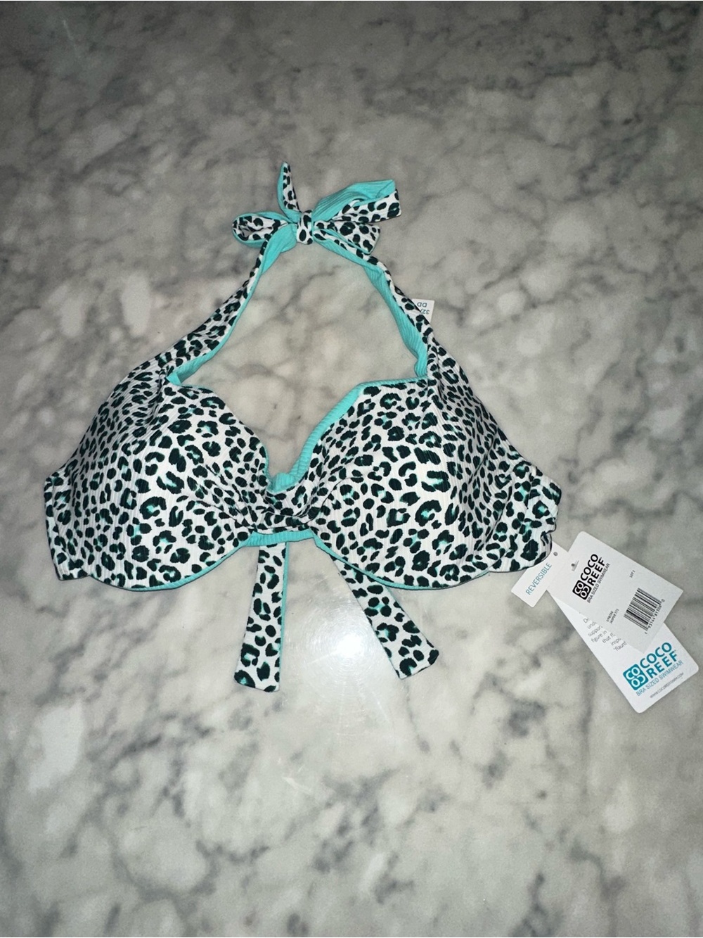 Coco Reef reversible Teal and Black Leopard Halter Bikini Top